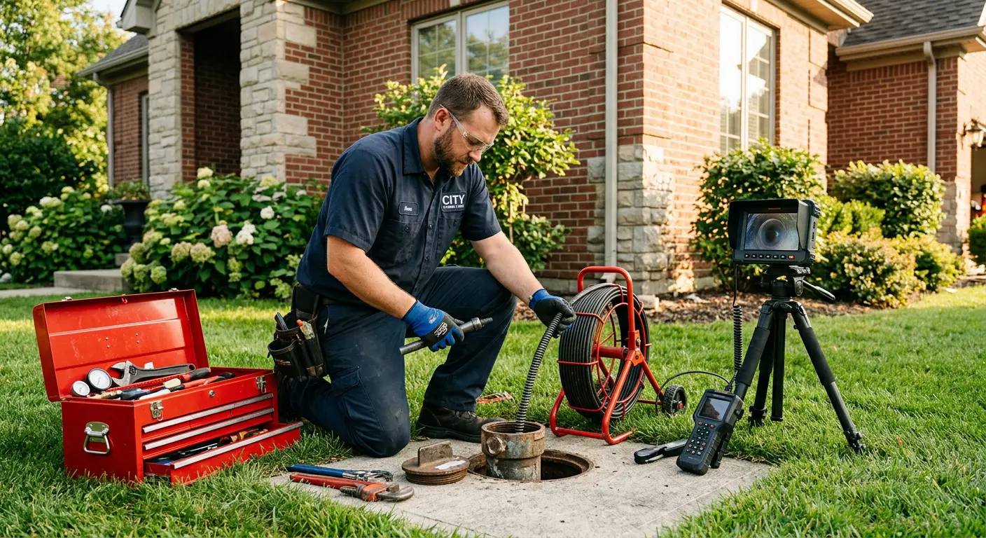 Sewer specialist with camera equipment servicing a cleanout in Upper Nazareth