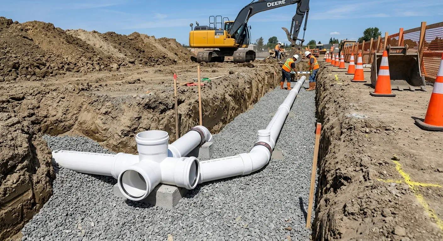 New PVC sewer pipe installation in open trench for Grease Trap Cleaning in Upper Nazareth