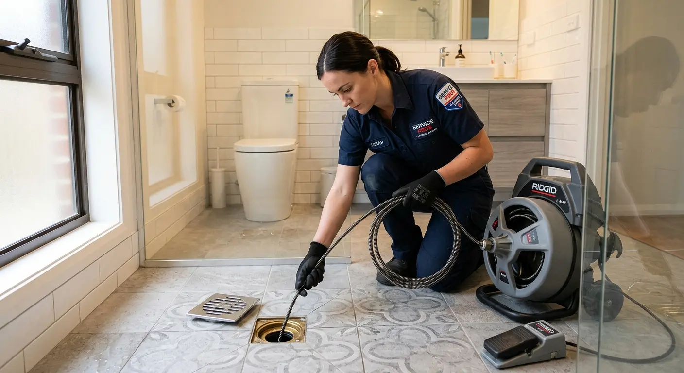 Technician clearing a bathroom floor drain for Sewer Line Replacement in Upper Nazareth